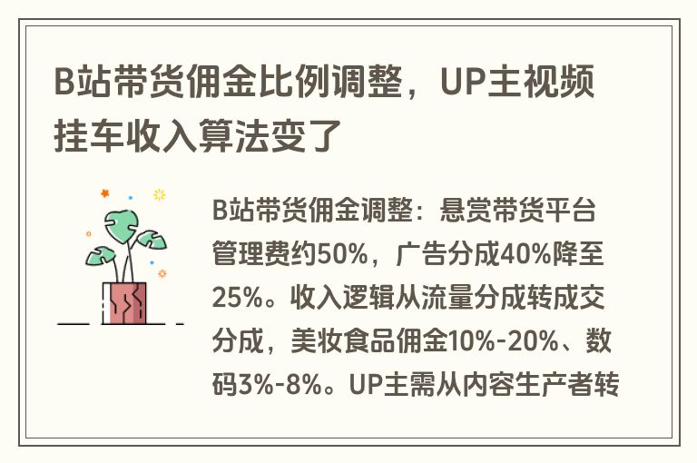 B站带货佣金比例调整，UP主视频挂车收入算法变了