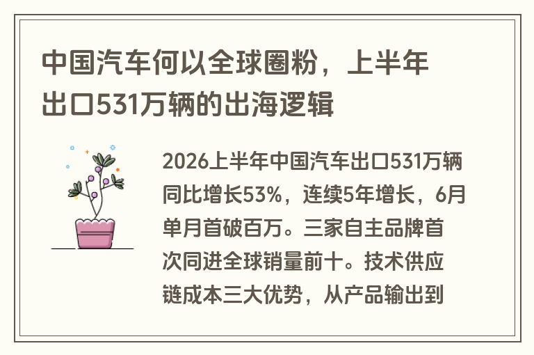中国汽车何以全球圈粉,上半年出口531万辆的出海逻辑 中国汽车何以全球圈粉,上半年出口531万辆的出海逻辑