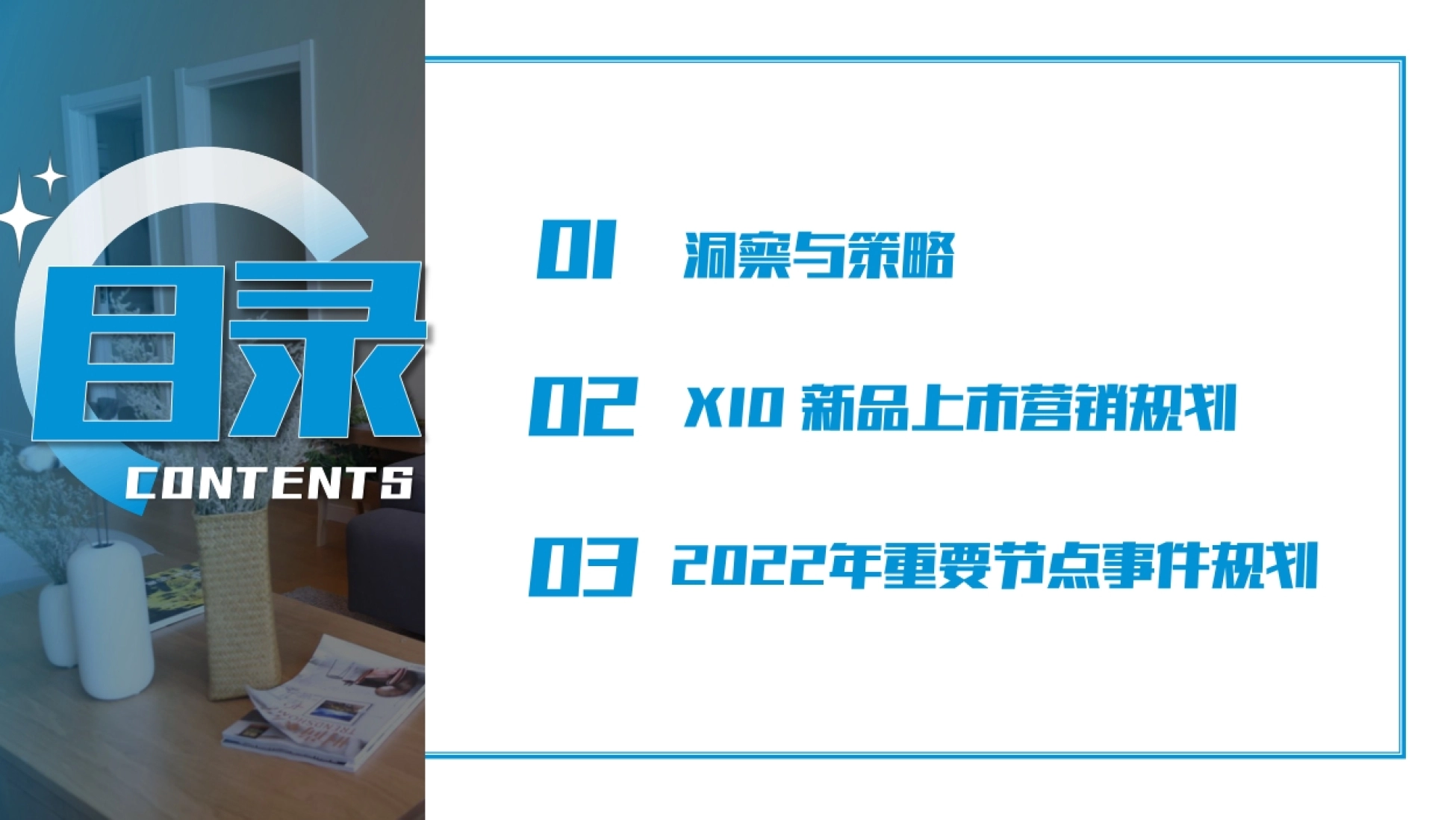 洞察与策略 01 02 X10 新品上市营销规划 03 2022年重要节点事