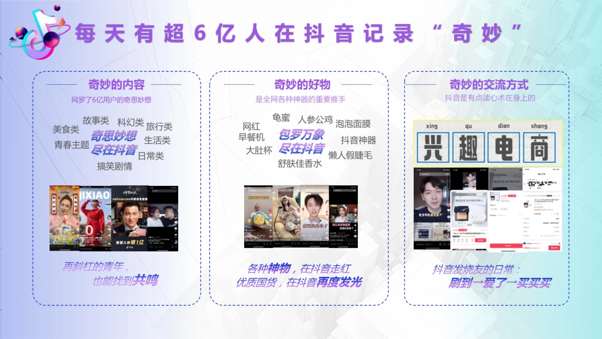 每天有超6 亿人在抖音记录“ 奇妙” 奇妙的内容 网罗了6亿用户的奇思妙想