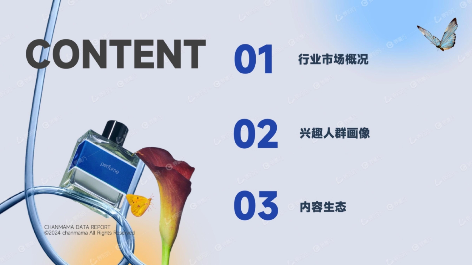 蝉魔万 行业市场概况 02 兴趣人群画像 perfume 03 内容生态 C