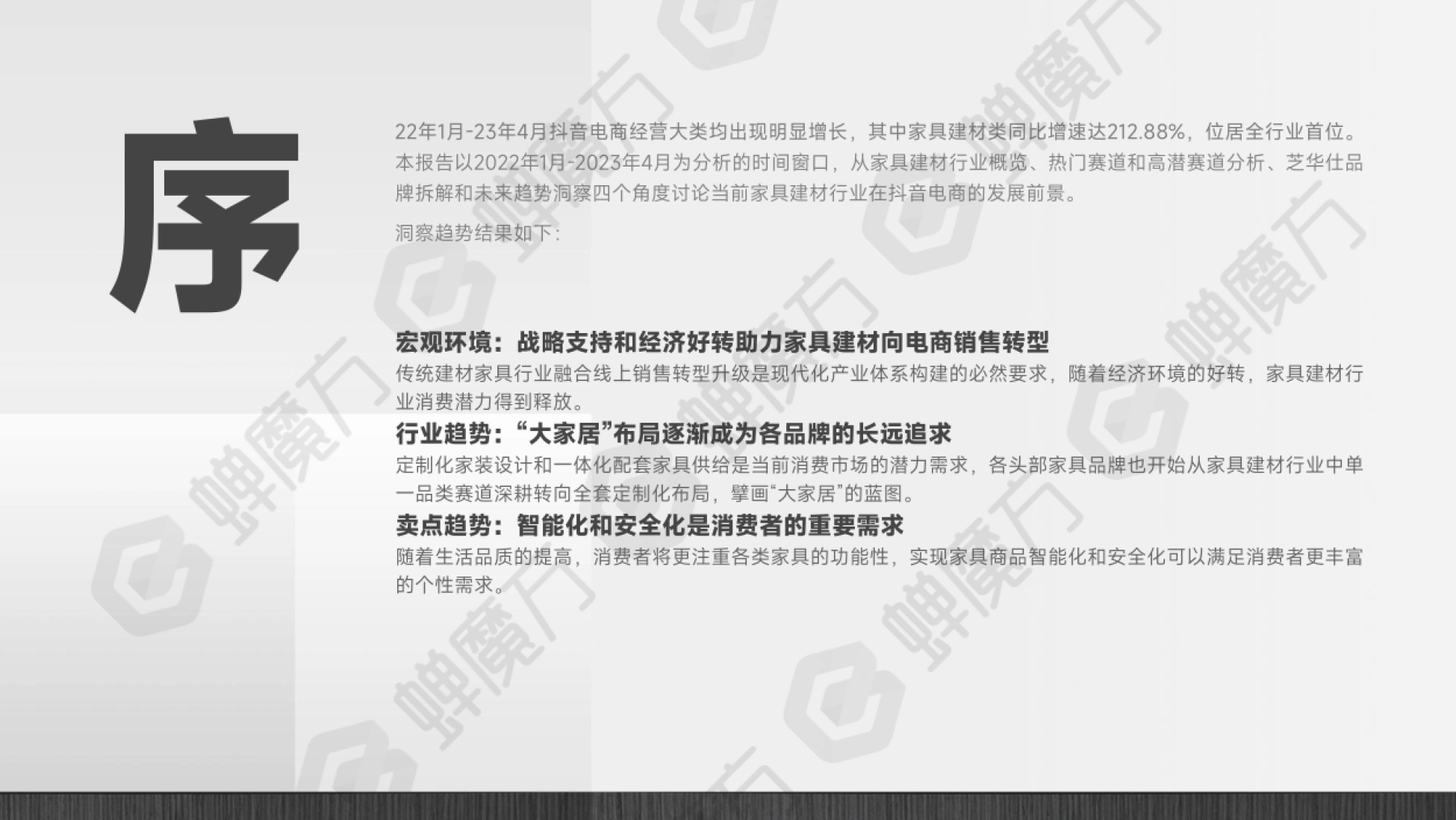序 22年1月-23年4月抖音电商经营大类均出现明显增长,其中家具建材类同比