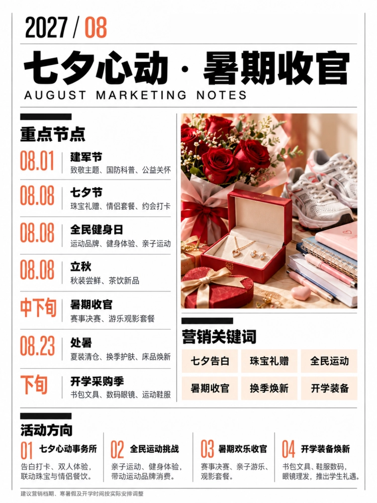 营销日历要点配图：八九月：礼赠打三连，中秋接国庆